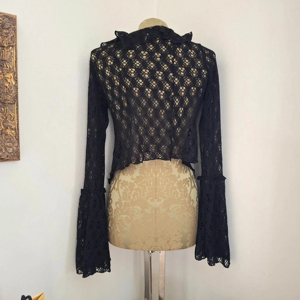 Urban Outfitters Black Crochet Tie Cardigan Bell Sleeve Large WhimsyGoth Boho